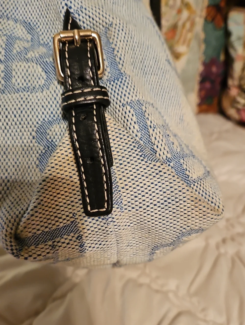 Designer-Inspired Blue & Cream Tote Bag with Black Leather Handles - Picture 5 of 8
